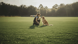 dog trainer connecting with dog on lawn